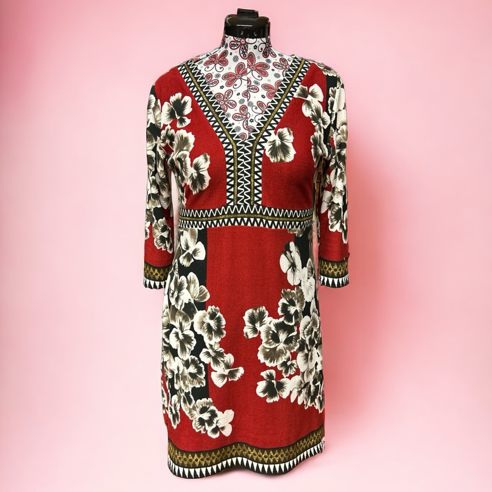 Coco & Tashi Floral Geometric Red V-Neck Midi Dress XL